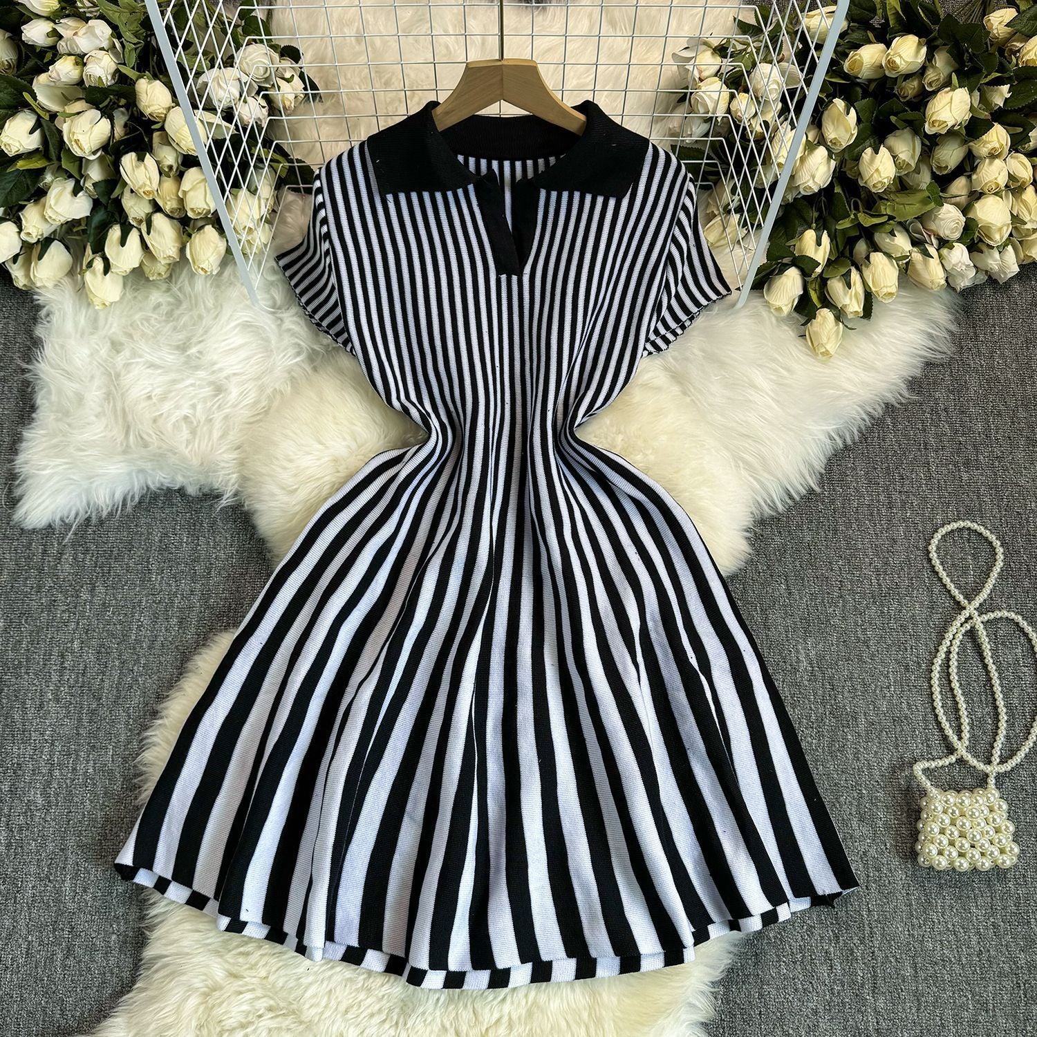 Contrast Color Retro Lapel Short Sleeve Striped Knitted Dress