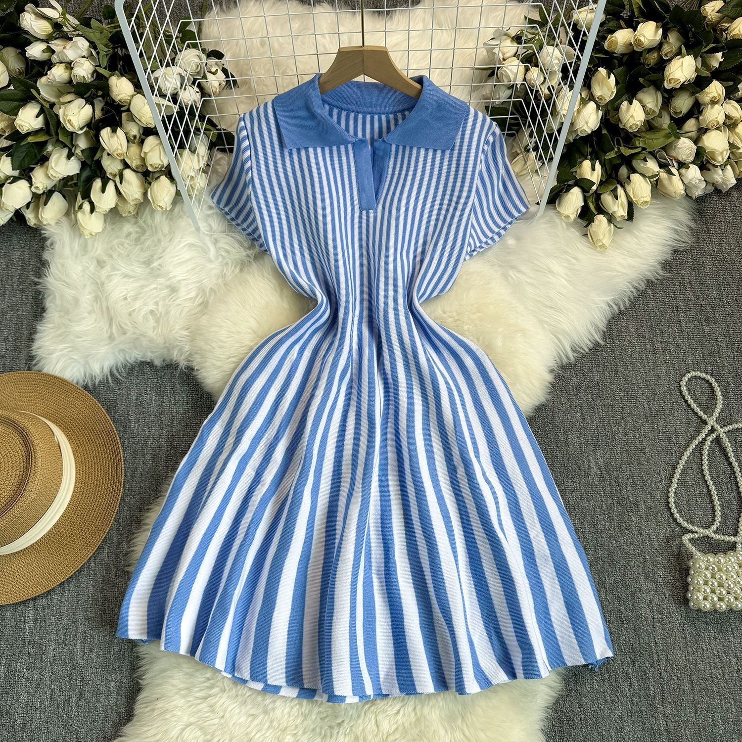 Contrast Color Retro Lapel Short Sleeve Striped Knitted Dress