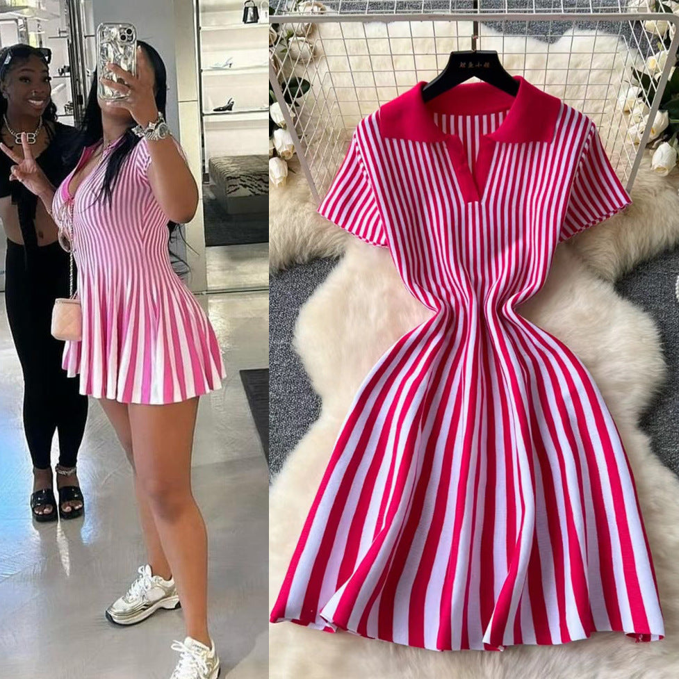 Contrast Color Retro Lapel Short Sleeve Striped Knitted Dress