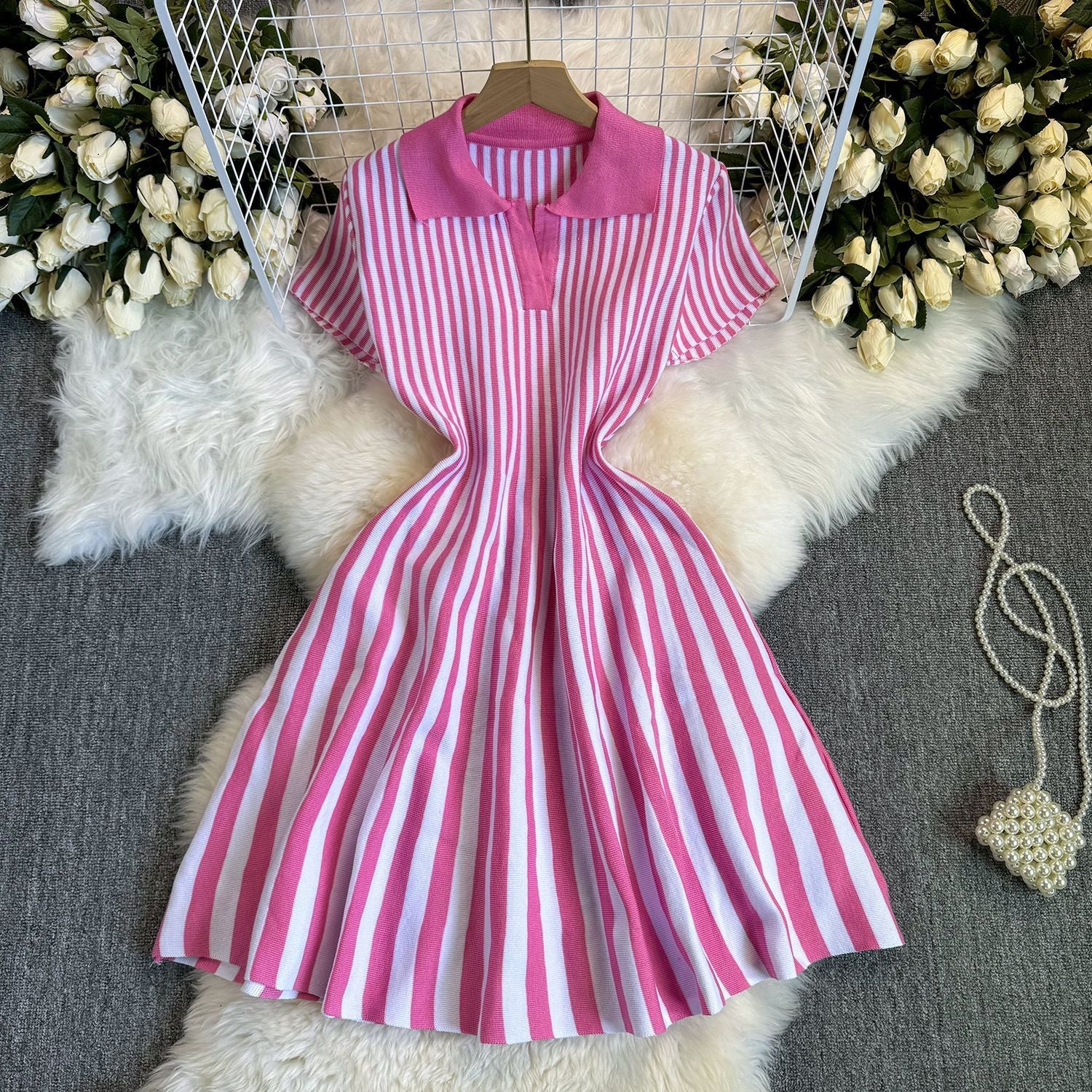 Contrast Color Retro Lapel Short Sleeve Striped Knitted Dress