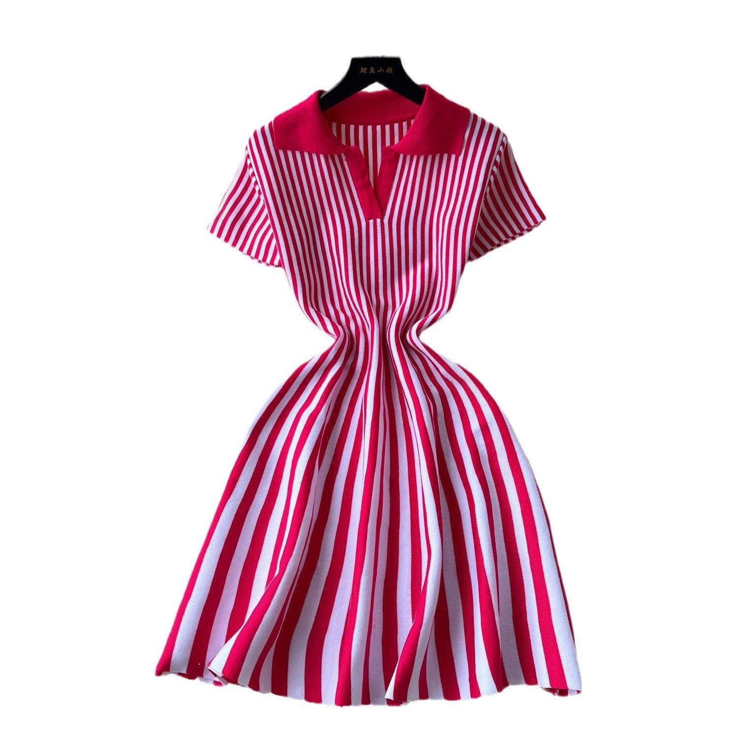 Contrast Color Retro Lapel Short Sleeve Striped Knitted Dress